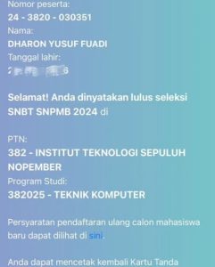 Dharon Yusuf Fuadi, Siswa Homeschooling HSPG Solo Diterima di ITS Program Studi Teknik Komputer