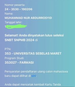 Muhammad Nur Abdurrosyid, Siswa Homeschooling HSPG Solo Diterima di UNS Program Studi Farmasi
